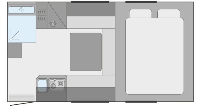 Zweite Grundrissansicht der Trail Box 280S – Küchenzeile, Sitzgruppe und Alkovenbett klar erkennbar.