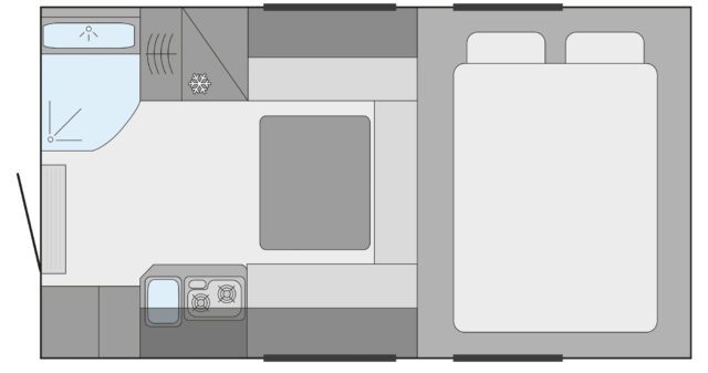 Grundriss der Tischer Trail Box 280 mit großzügiger Liegefläche und durchdachtem Stauraumkonzept.
