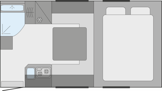 Grundriss der Tischer 260 mit Längsbank und Querbett – klassische Raumanordnung.