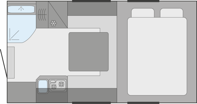 Grundriss der Tischer 260S mit Mittelsitzgruppe und größerem Bettbereich.