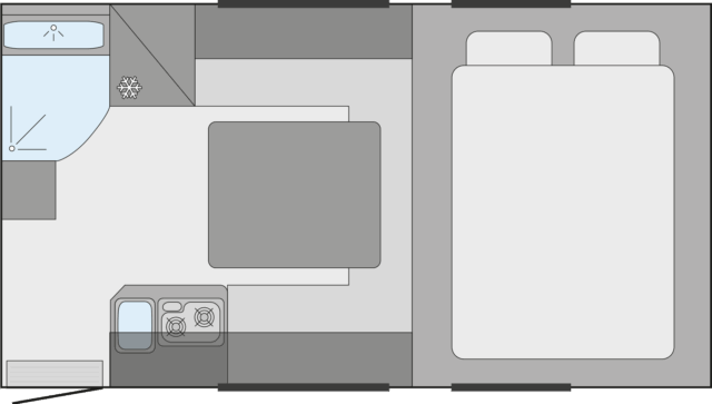 Grundrissdarstellung der Tischer 230S Kabine mit Küche, Sitzgruppe, Bad und Schlafbereich.